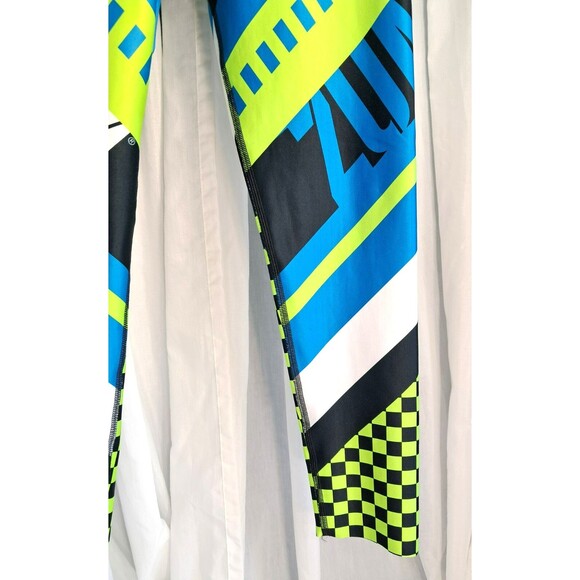 Zumba Faster Better Ankle Leggings SMALL Neon Green Blue Jacquard Waist Band - Picture 5 of 10